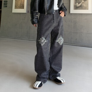 个性街头重工全钻石宽松休闲直筒阔腿牛仔裤跨境外贸美式复古烫钻