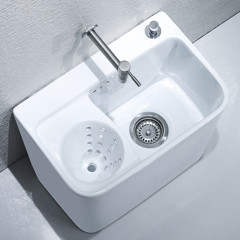 元匠拖把池家用阳台卫生间地排拖布池H带陶瓷沥水篮小号槽池可侧