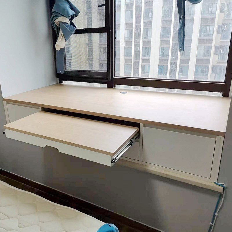 实木定做飘窗推拉式伸缩书桌写字台飘窗电脑桌定制飘窗柜书桌一体