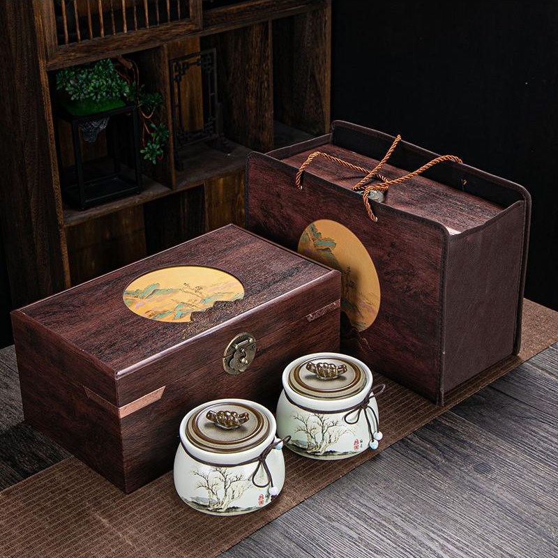 高档茶叶包装盒空礼盒陶瓷茶叶罐密封罐木盒包装龙井绿茶白茶半斤