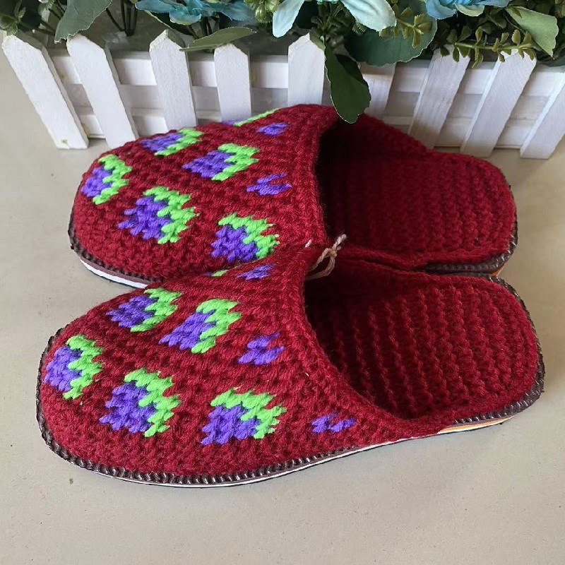 36/37码成人女手工编织居家防滑平底毛线拖鞋成品草莓成品现货冬