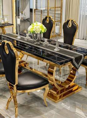 轻奢金色不锈钢大理石餐桌椅组合简约现代时尚网红家用6-8人餐台