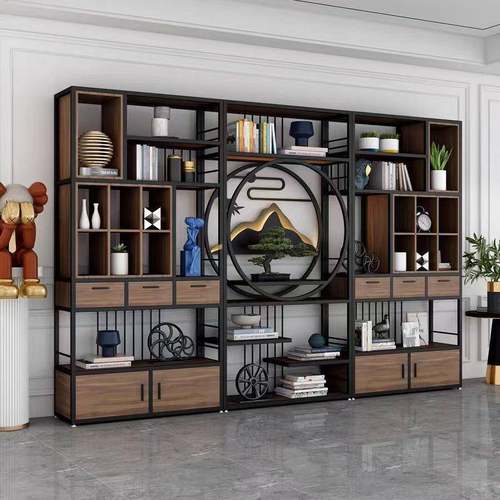 新中式铁艺博古架书架展示架办公室隔断柜餐厅实木茶柜茶室置物架