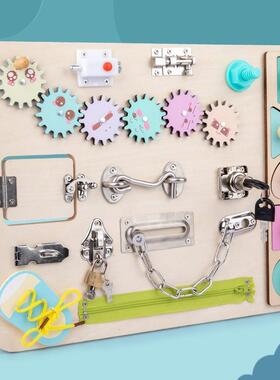 多功能儿童蒙特梭利开锁忙碌板早教益智木质积木教具幼儿玩具