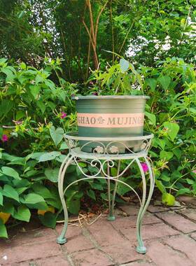 做旧复古三足花凳欧式阳台花架子户外铁艺盆景架单层庭院置物架