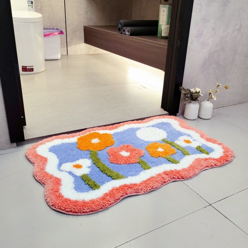 家用加厚浴室吸水地垫卫生间脚垫进门家用防滑速干小花植绒地毯