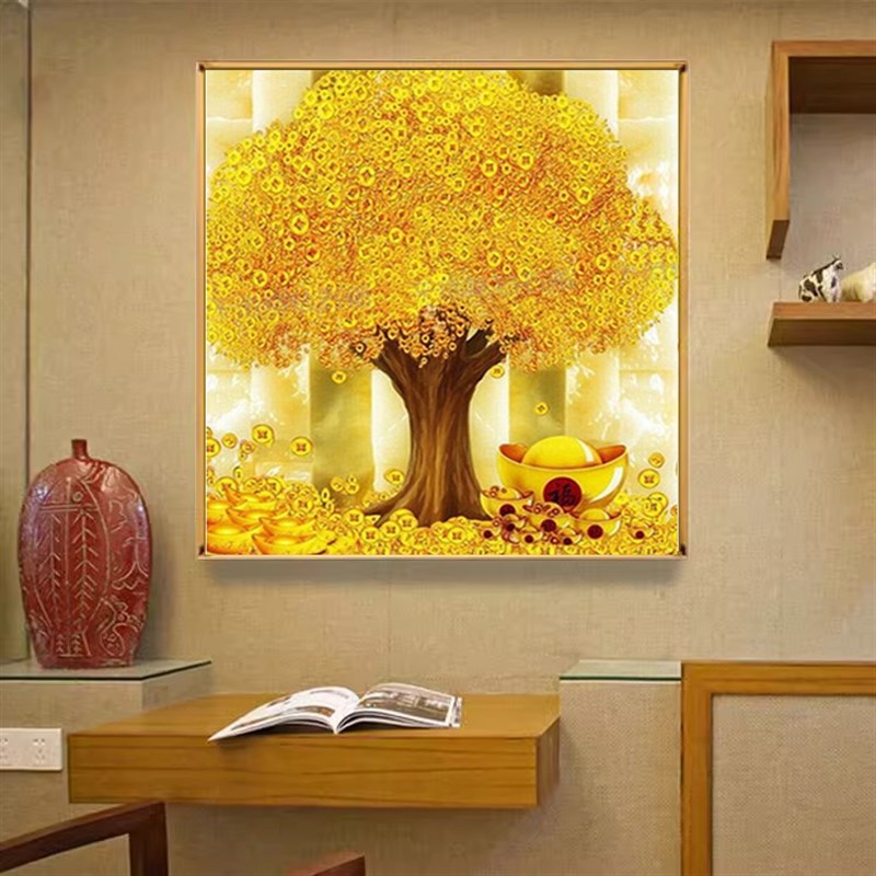 21N水晶钻石画带框2024新款摇钱树5D贴钻十字绣玄关客厅卧室餐厅