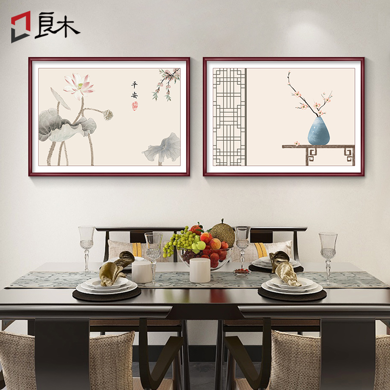 新中式荷花餐厅装饰画寓意好两联玄关挂画2024年新款X客厅茶室壁图片