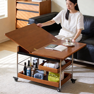 实木茶几家用客厅小推车中古风小户型可移动折叠茶几沙发边几