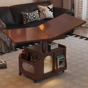 升降茶几可移动边几推车实木巴士边几带轮茶桌多功能折叠餐桌两用