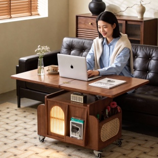 升降茶几可移动边几推车实木巴士边几带轮茶桌多功能折叠餐桌两用