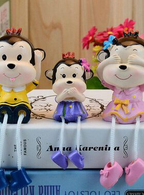 创意田园树脂三不小猴一家吊脚娃娃礼物 家居店铺装饰品摆件