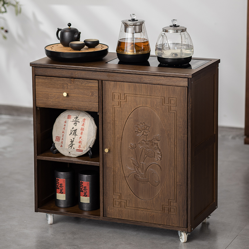 移动茶水柜小茶台茶吧桌边柜置物架实木下置水桶烧水壶一体茶柜子