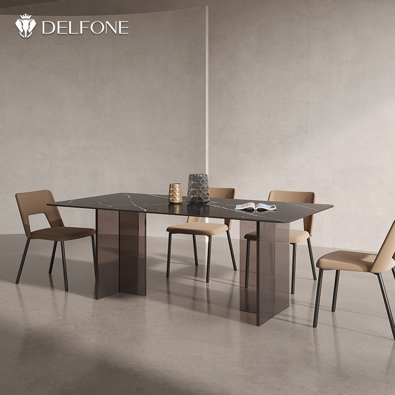 德利丰亚克力悬浮岩板餐桌纯黑色长方形小户型家用现代简约饭桌