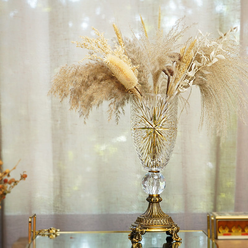 费灵家居欧式奢华金属高脚雕花玻璃艺术花瓶客厅饭厅桌面装饰花器