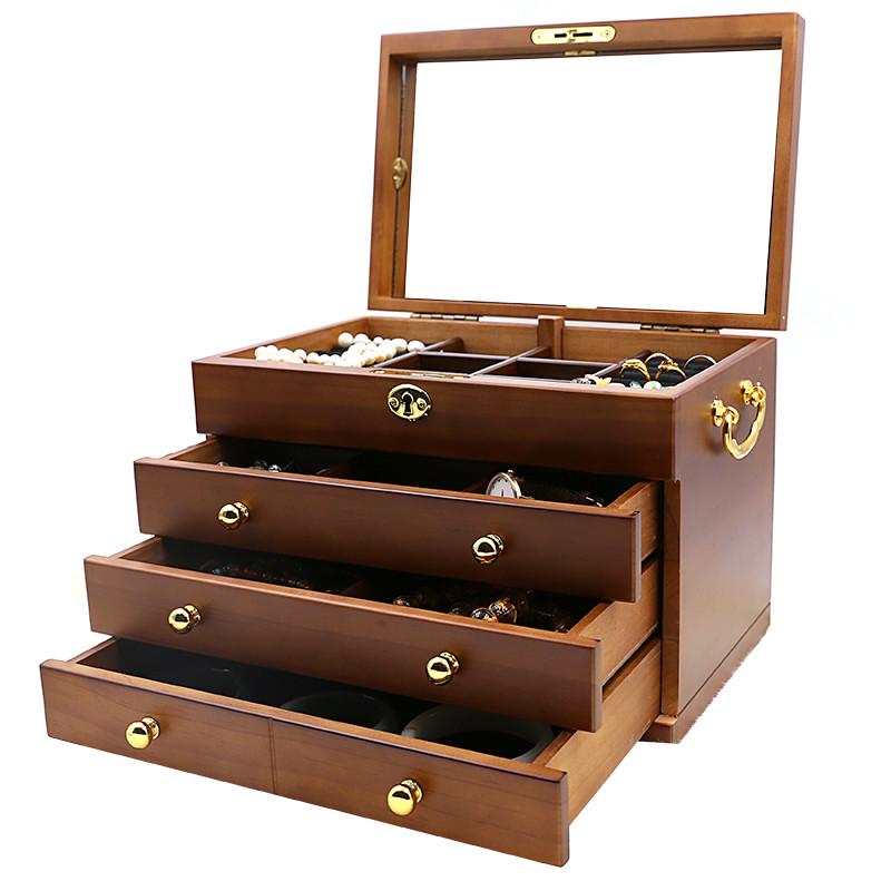 OQ5M覆古首饰盒带锁木质风中式大容量家用文玩核桃首饰珠宝收纳盒