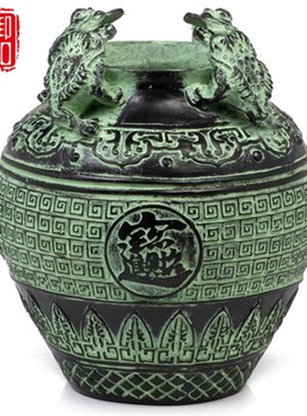 青铜器摆件 金蟾狮头坛 财宝罐招财旺财工艺品储钱罐存钱罐圆罐鼎