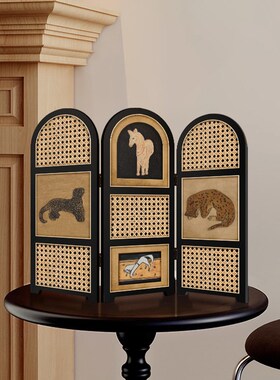 中古风桌面装饰摆件复古金钱豹装饰画电视柜玄关柜边柜屏风小摆画