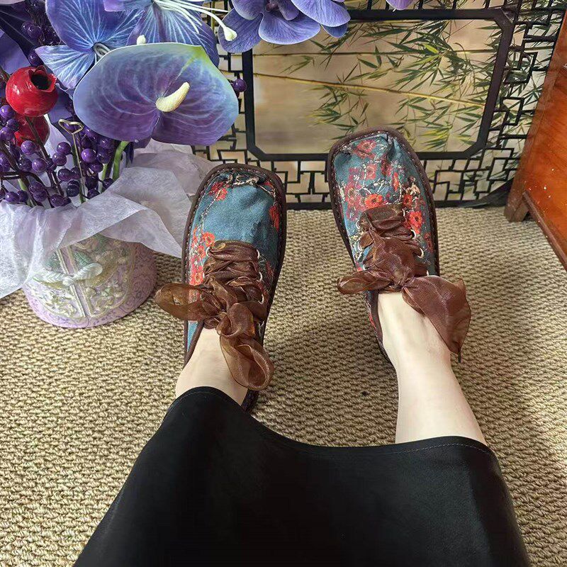 (梅蓝芭蕾鞋)重工工艺纯手工千层底女士P布鞋方头时尚芭蕾鞋