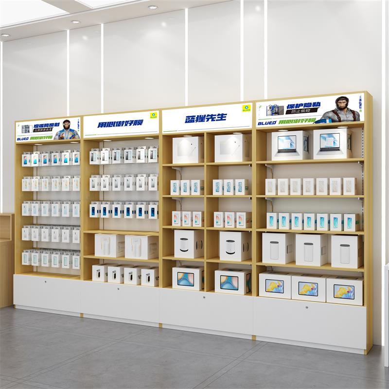 靠墙式手机配件展示架 可移E动木质展示柜客制化设计