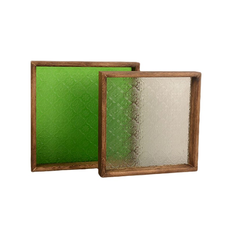 海棠花托盘玻璃茶盘复古长方形绿色透明木质边框咖啡点心家用盘子
