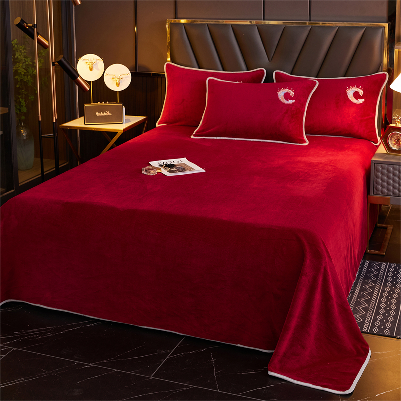 牛奶绒床单纯色珊瑚绒面大红被单加厚加绒毯O子防滑冬季法兰绒单