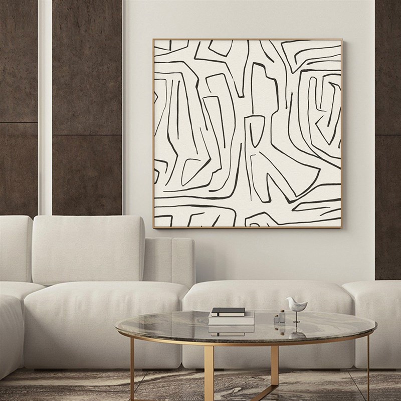侘寂风沙发背景墙方形线条装饰画客厅抽象挂画现代简约极简艺术画图片