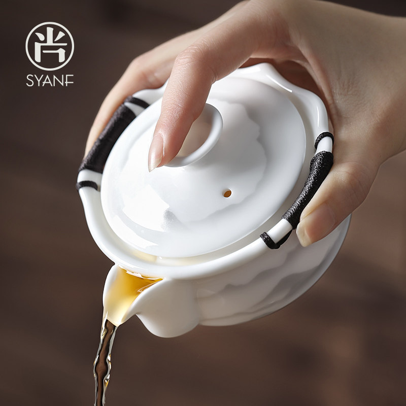 盖碗茶杯单白瓷手抓壶大号防烫功夫茶具泡茶壶茶具