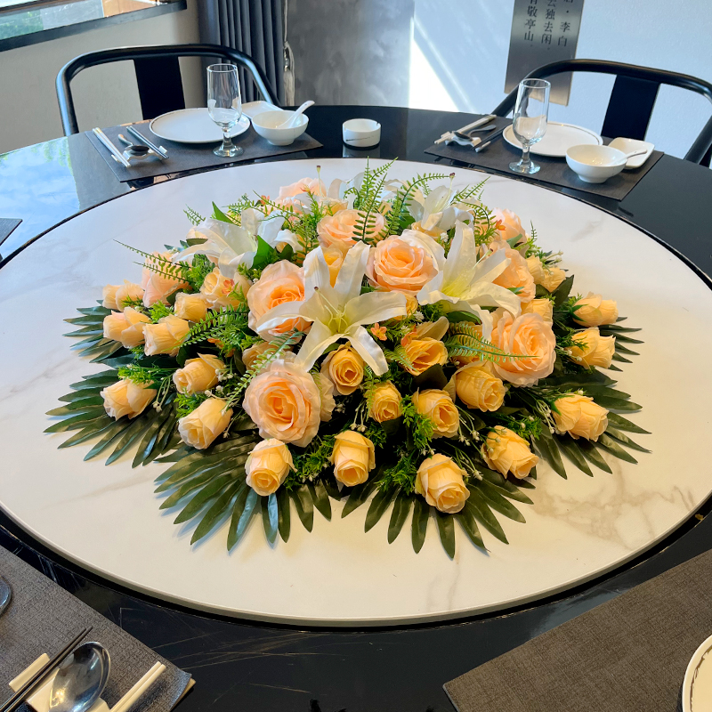 酒店大型圆桌中间摆花仿真花装饰品假花餐桌电动转盘桌面花艺