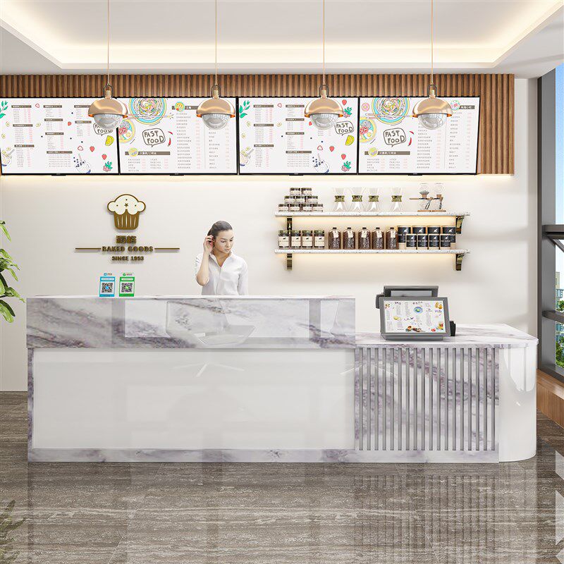 奶茶店收银柜台现代餐饮店店甜品水吧商用弧形转角柜台吧台
