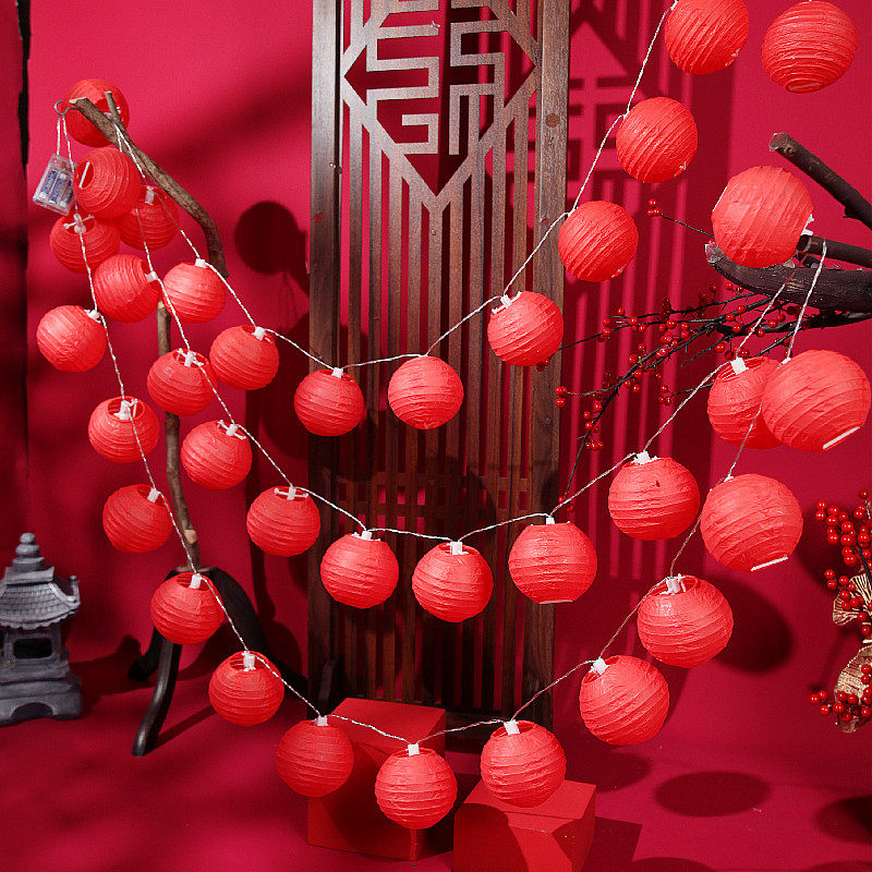 新年红灯串结婚圆形过年喜庆挂饰发光彩灯布置宫灯挂串