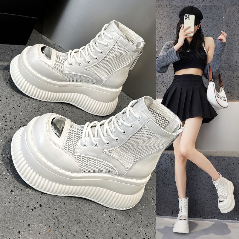 厚底内增高网纱马丁靴女2025夏季新款凉靴薄款松糕镂空.透气短靴