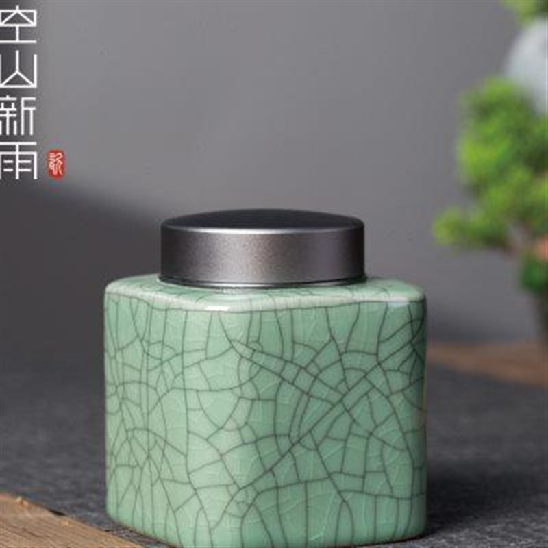 空山新雨方形茶叶罐密封罐防潮陶瓷茶叶储存罐金属盖便携茶罐