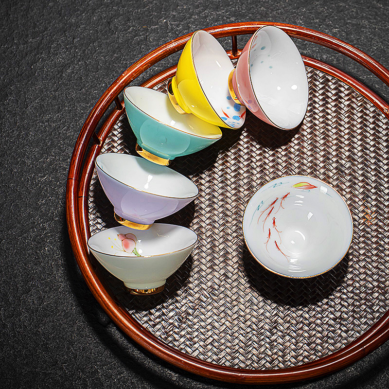 手绘品茗杯 陶瓷斗笠杯 白瓷小茶杯6个套装 功夫茶具主人杯单杯子