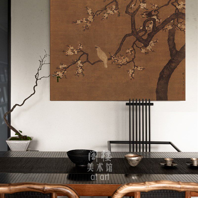 【绢丝】杏花双雉图中式中古艺术装饰画日式书房茶楼酒店民宿背景