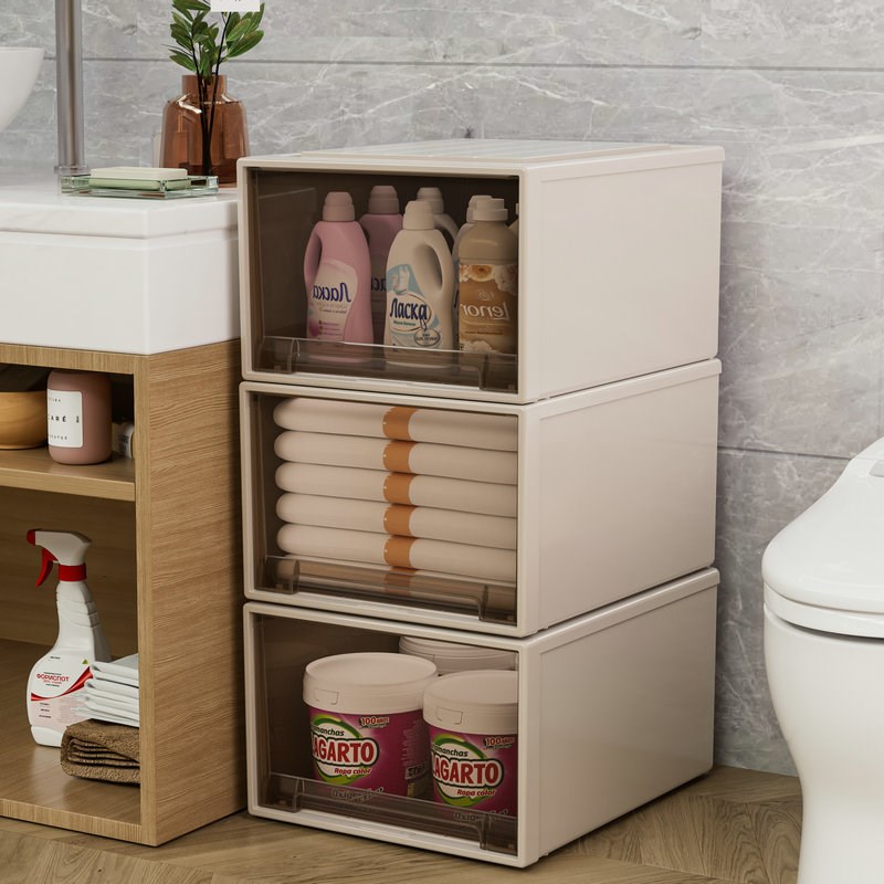 家用卧室衣物茶色抽屉式收纳柜办公文件储物多层可叠加组合收纳盒