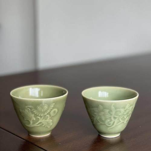 龙泉青瓷老国营老厂瓷器文革瓷茶杯品茗杯菊花杯缠枝牡丹茶杯