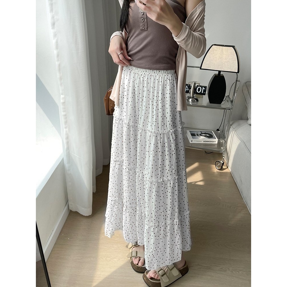 法式波点蛋糕裙女春夏2025新款高腰显瘦a字裙小个子蓬蓬半身长裙