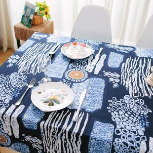 新中国风蓝色印花棉麻台布覆古民族风格 蓝白台布咖啡桌矩形台布套