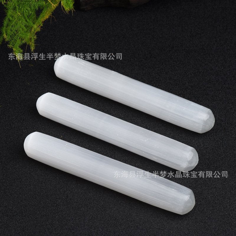 天然透石膏棒两面圆晶体柱形碎石水晶半宝石原石消磁棒装饰品摆件