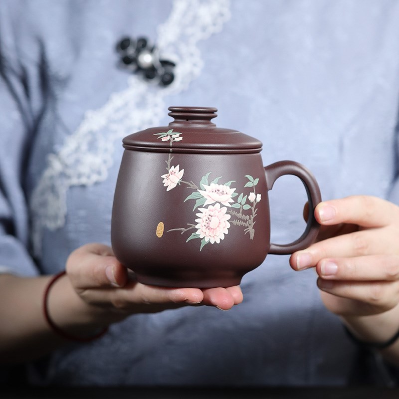 宜兴紫砂杯带内胆茶水分离家用泡茶杯手工堆绘变色水杯礼品三件套