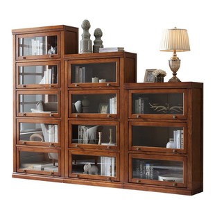 美式实木书柜自由组合简约三四五门储物柜欧式书橱带玻璃门书架子