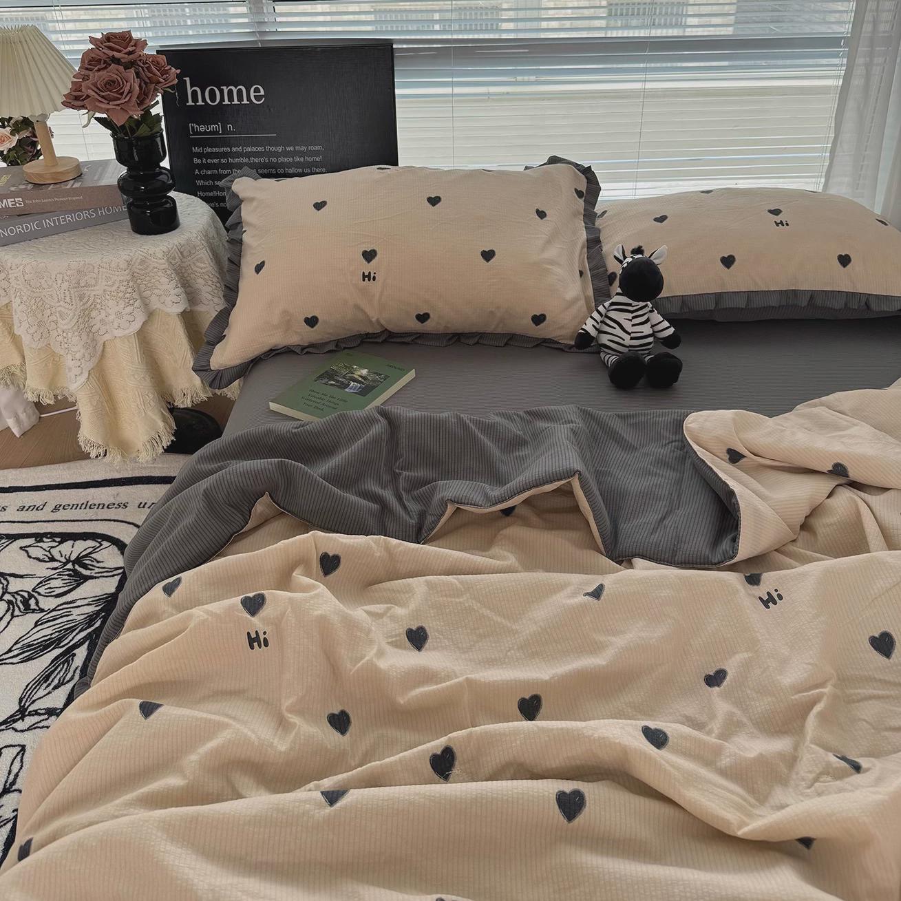 简约insd奶咖色爱心夏凉被四件套A类泡泡棉花边款空调被单双人薄