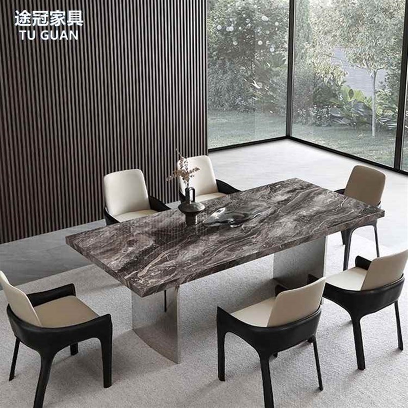 意式简约岩板餐桌小户型家用长方形设计师威尼R斯棕下挂镜面餐桌