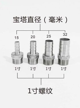 304不锈钢六角宝塔接头六角皮接软管接头皮管竹节DN25×10mm