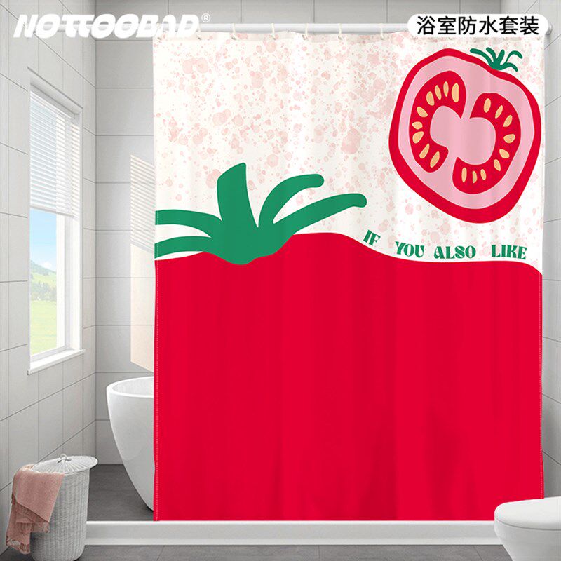 还行 手绘水果插画浴室加厚防霉防水浴帘免打孔套装淋浴隔断帘子