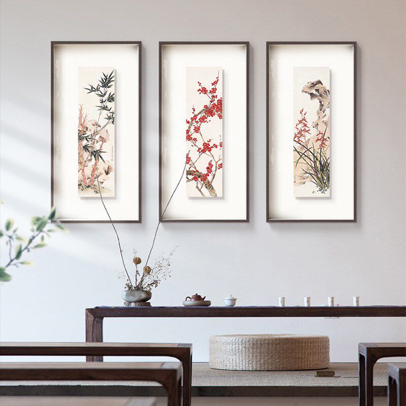 梅兰竹菊茶室挂画悬浮立体画新中式花卉雅致玄关餐厅装饰画花鸟画