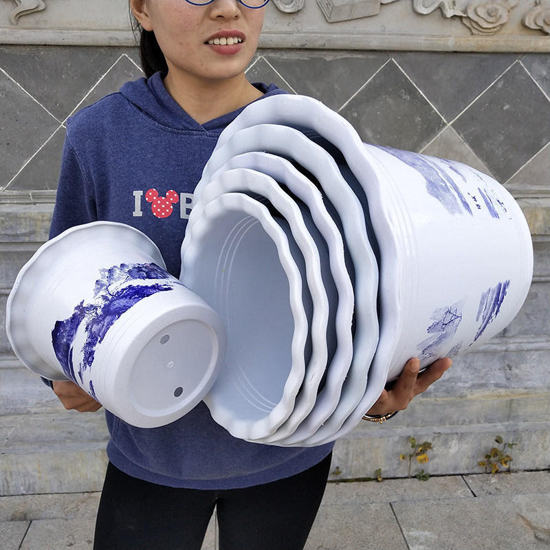 加厚塑料仿陶瓷树脂花盆山水风景室内外盆景果树特大号育苗盘托盘