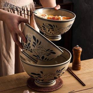 XPJ复古釉下彩老号关碗中特制大汤面防碗裤 带油泼面碗商用高脚烫