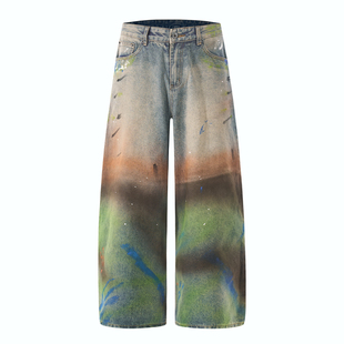 男宽松直筒裤 DESIGNSECRETS 25FW渐变彩色晕染做旧涂鸦复古牛仔裤